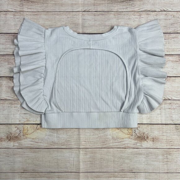 Zara White Ribbed Ruffle Dramatic Pleated Sleeve Crop‎ Top Blouse Size Large - Picture 2 of 6